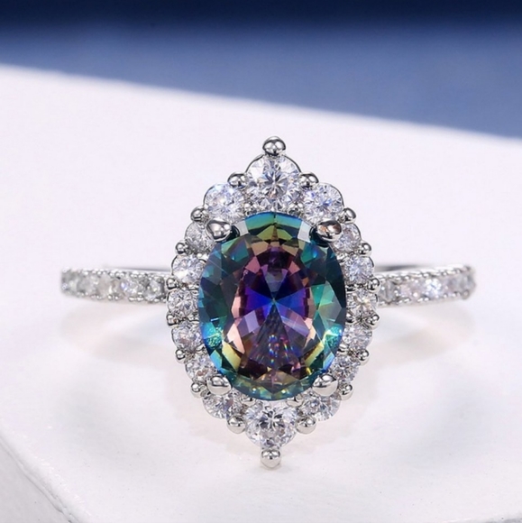 Oval Mystic Topaz Diamond Halo Silver Tone Ring - Picture 3 of 4